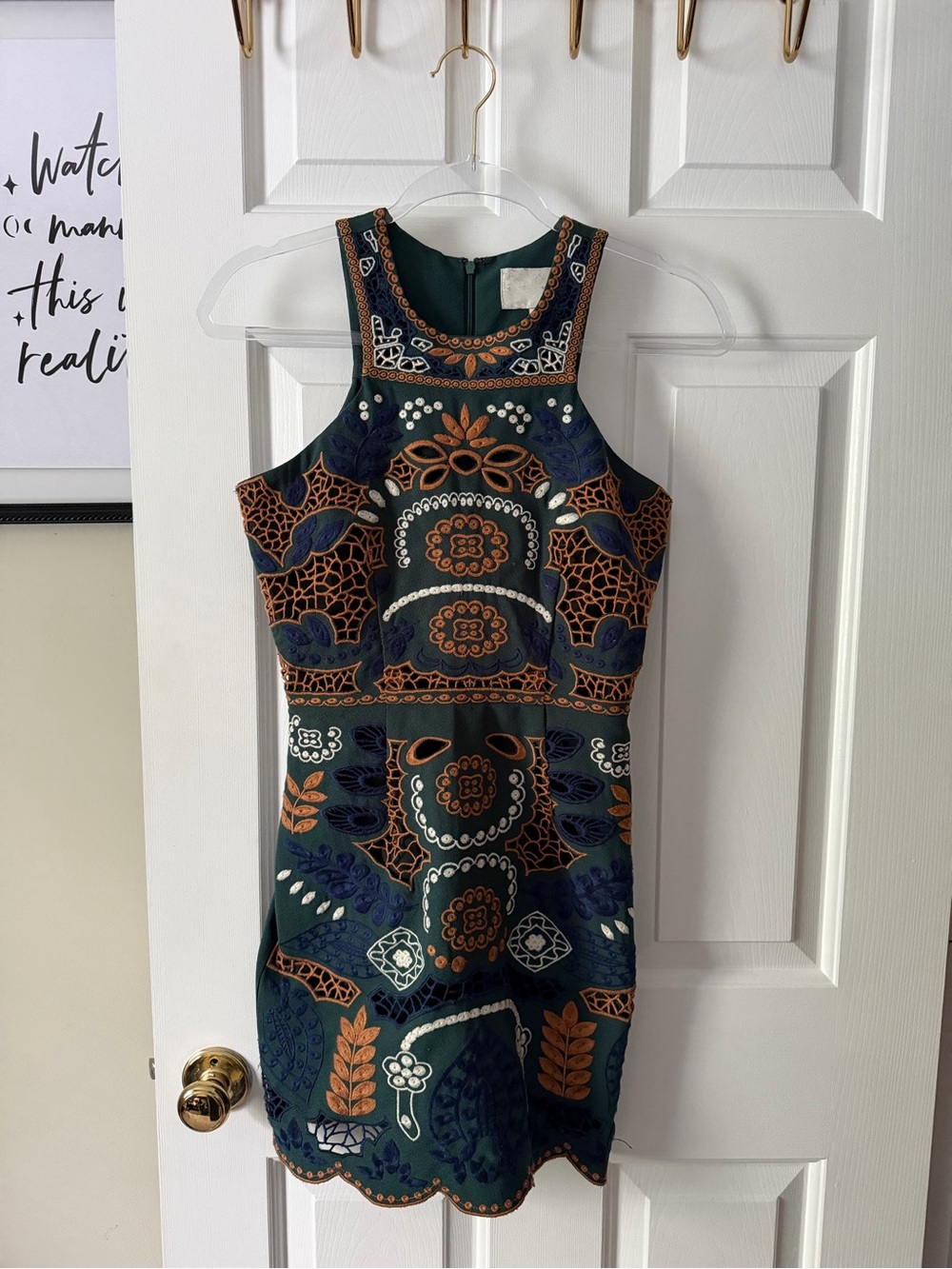 J.O.A. Dark Green Embroidered Mini Dress with Orange and Navy Accents
